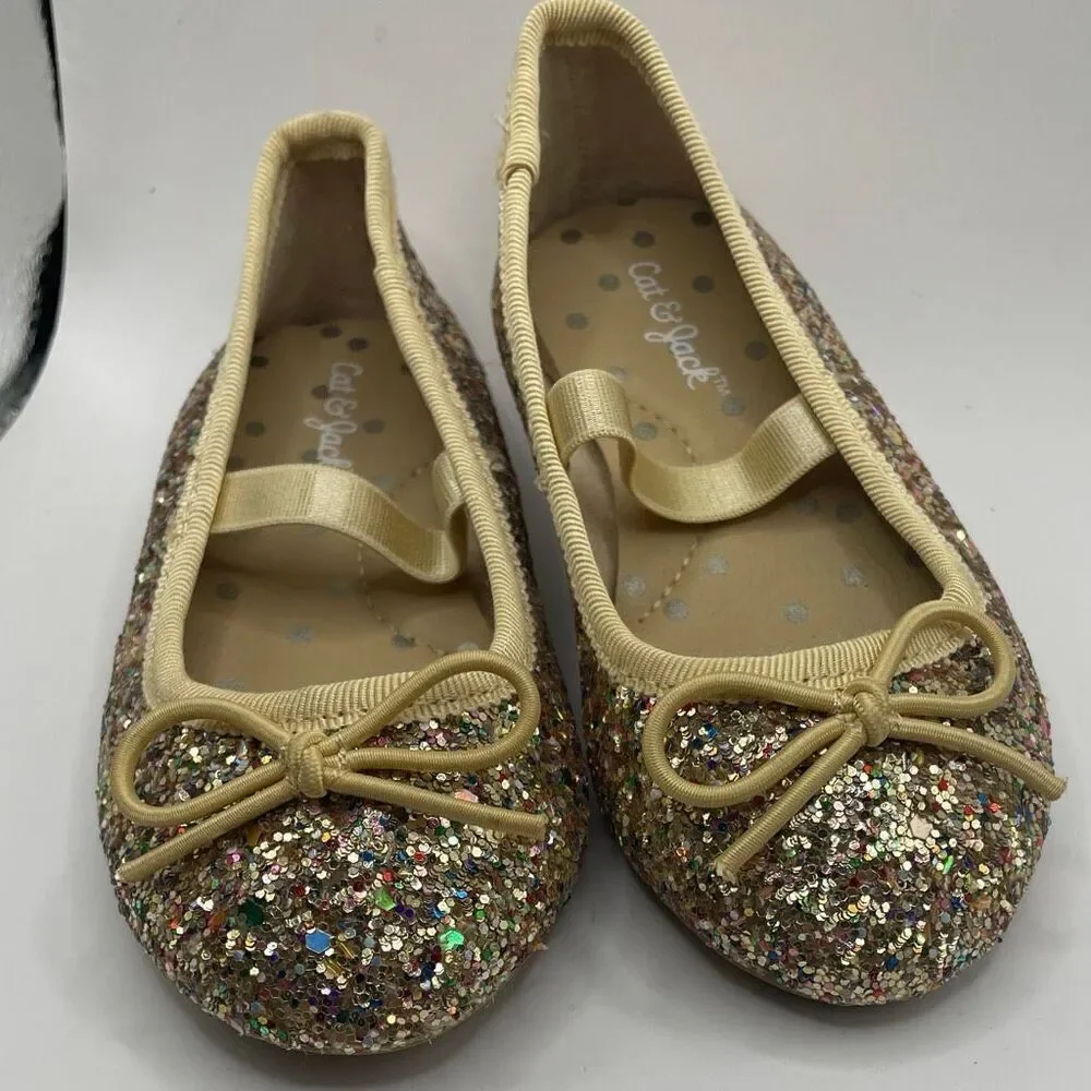 Cat & Jack Girls Size 5 Glitter Ballet Flats Gold Bow Sparkly Slip-On Dress Shoe